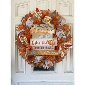 Autumn Fall Sentiment Teal Blue Pumpkin Give Thanks Deco Mesh & Ribbon Wreath